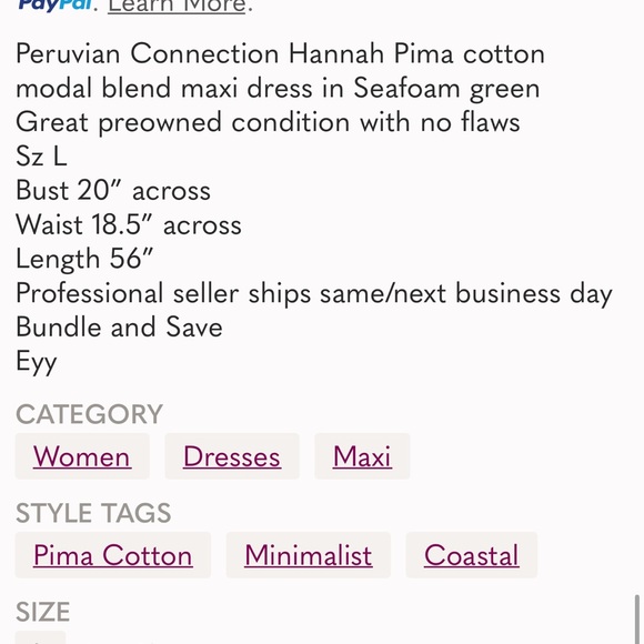 Peruvian Connection Hannah Maxi dress L sea foam green  cap sleeve semi fitted - Picture 8 of 10